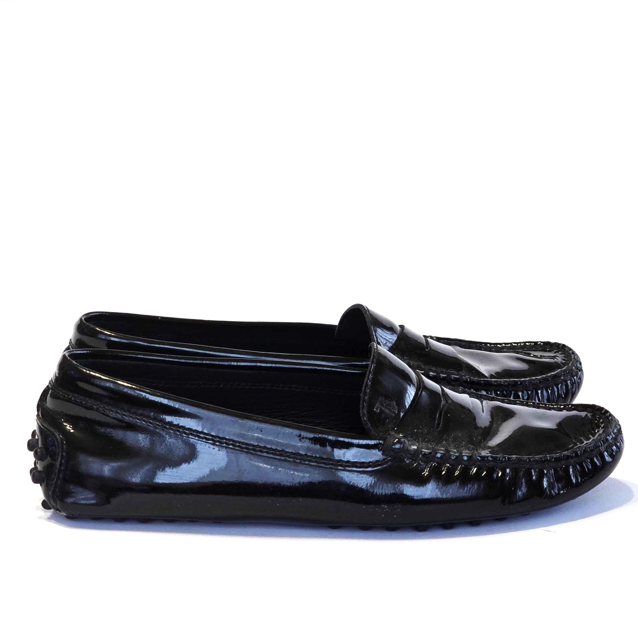 Tod's Black Patent Leather Loafers, Size 5, Luxury Slip-On Design Vintage Minimalist and Italian Luxurious Style