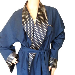 Vintage Pierre Cardin Robe Wrap House Dress Logo Collar Navy Blue Cotton Dressing Gown Knee length French Designer Sleepwear