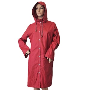 Classic Red Raincoat for Women Ilse Jacobsen Denmark Vintage Rubber Coated Waterproof Long Hooded Rain Jacket Outdoor Coat Slicker Size S