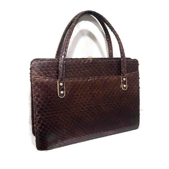 Brown Snakeskin Leather Bag Golden Frame Exotic H… - image 8