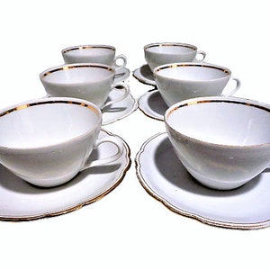 Vintage White China Tea Cup and Saucer Set of 6, Gold Rim Coffee Set, Seltmann Weiden Bavaria, German Porcelain Tea set