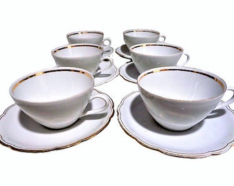 Vintage White China Tea Cup and Saucer Set of 6, Gold Rim Coffee Set, Seltmann Weiden Bavaria, German Porcelain Tea set