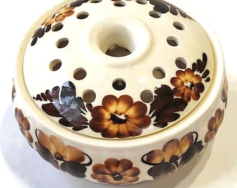 Vintage Poolse jersey aardewerk vaas ronde bloem kikker ruikertje kom crème bruin handgeschilderd glazuur keramiek retro tafelblad dressoir display