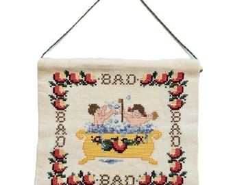 Vintage Cross Stitch Wall Hanging Bathtub Humor 1970s Kitsch Needlepoint Handmade Embroidery Art Bathroom Decor