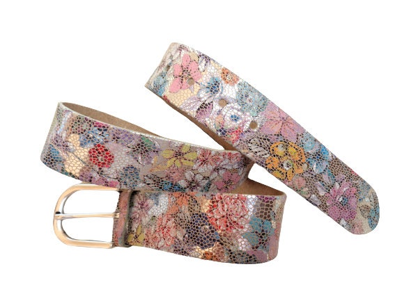 Vanzetti Women Leather Belt, Multicolor Floral Print Silver Pin