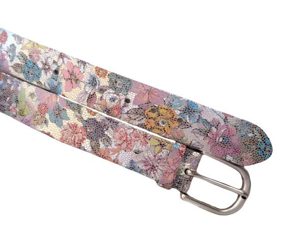 Vanzetti Women Leather Belt, Multicolor Floral Print Silver Pin