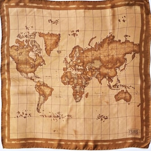 Pañuelo de seda Alviero Martini, estampado de mapamundi, pañuelos de seda pequeños, mapa geográfico, accesorio para bolso, diseñador italiano, regalo para ella