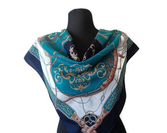 Bufanda ecuestre vintage, bufanda con temática de caballos, pañuelo para la cabeza azul y dorado