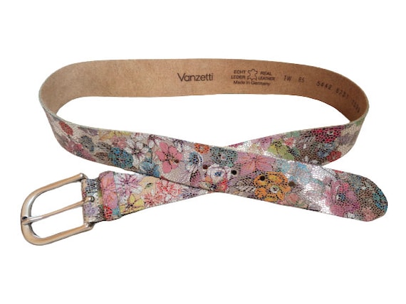 Vanzetti Women Leather Belt, Multicolor Floral Print Silver Pin