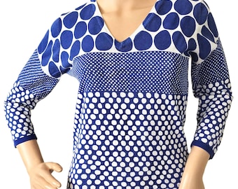 Sandro Ferrone Women Vintage Spotted Blouse Blue White Polka Dot Top Viscose Blend V Neckline 3/4 Sleeves for Casual Workwear Size Medium