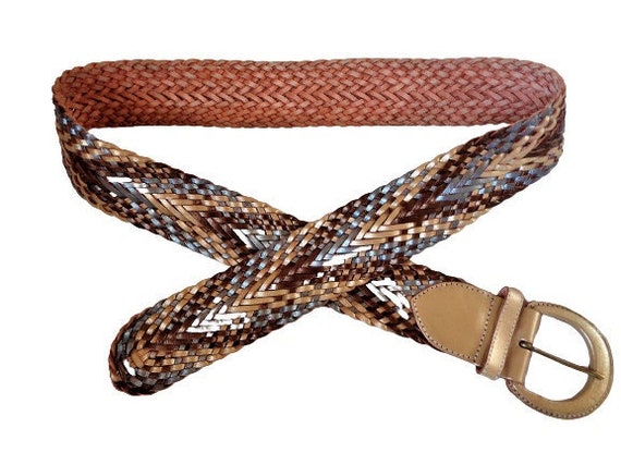 Vintage Braided Leather Belt, Wide Waist Belt, Go… - image 2