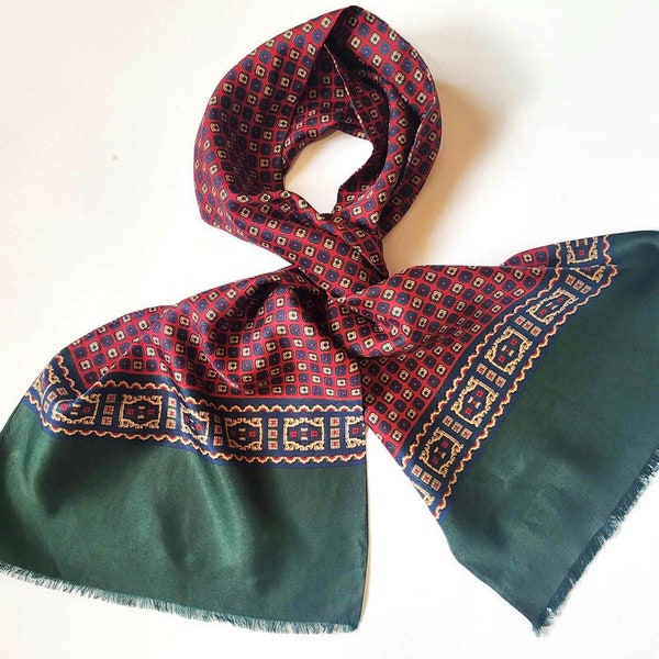 Vintage 1960s Green Red Silk Scarf Foulard Men Evening Opera Scarf Stole