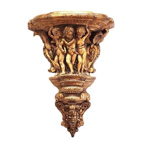 Carved Wood Gilt Wall Bracket 19th Century, Sconce Shelf Cherubs Putti Eagles, Gold Gilt Angel Console Wall Display Decor Antique