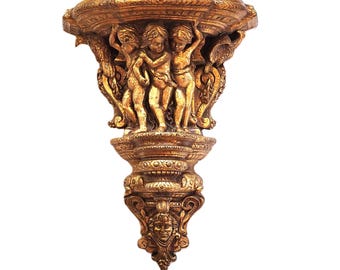 Carved Wood Gilt Wall Bracket 19th Century, Sconce Shelf Cherubs Putti Eagles, Gold Gilt Angel Console Wall Display Decor Antique