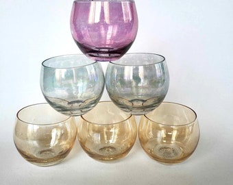 Vintage Roly Poly Gläser 6er Set, bunte stammlose Weingläser, mehrfarbige Tassen, Mid Century Barware, 60er Jahre