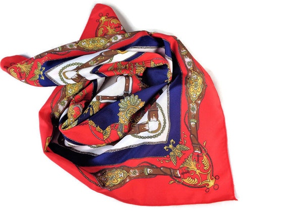 Vintage Blue Red Womens Scarf with Chains and Bar… - image 2