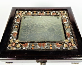 Vintage Jewelry Box with Rhinestones, Large Wooden Trinket Box with Glass lid, Jewelry Dresser