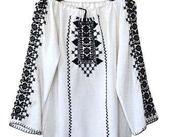 ヴィンテージ刺繍ブラウス、黒と白のルーマニア民族シャツ