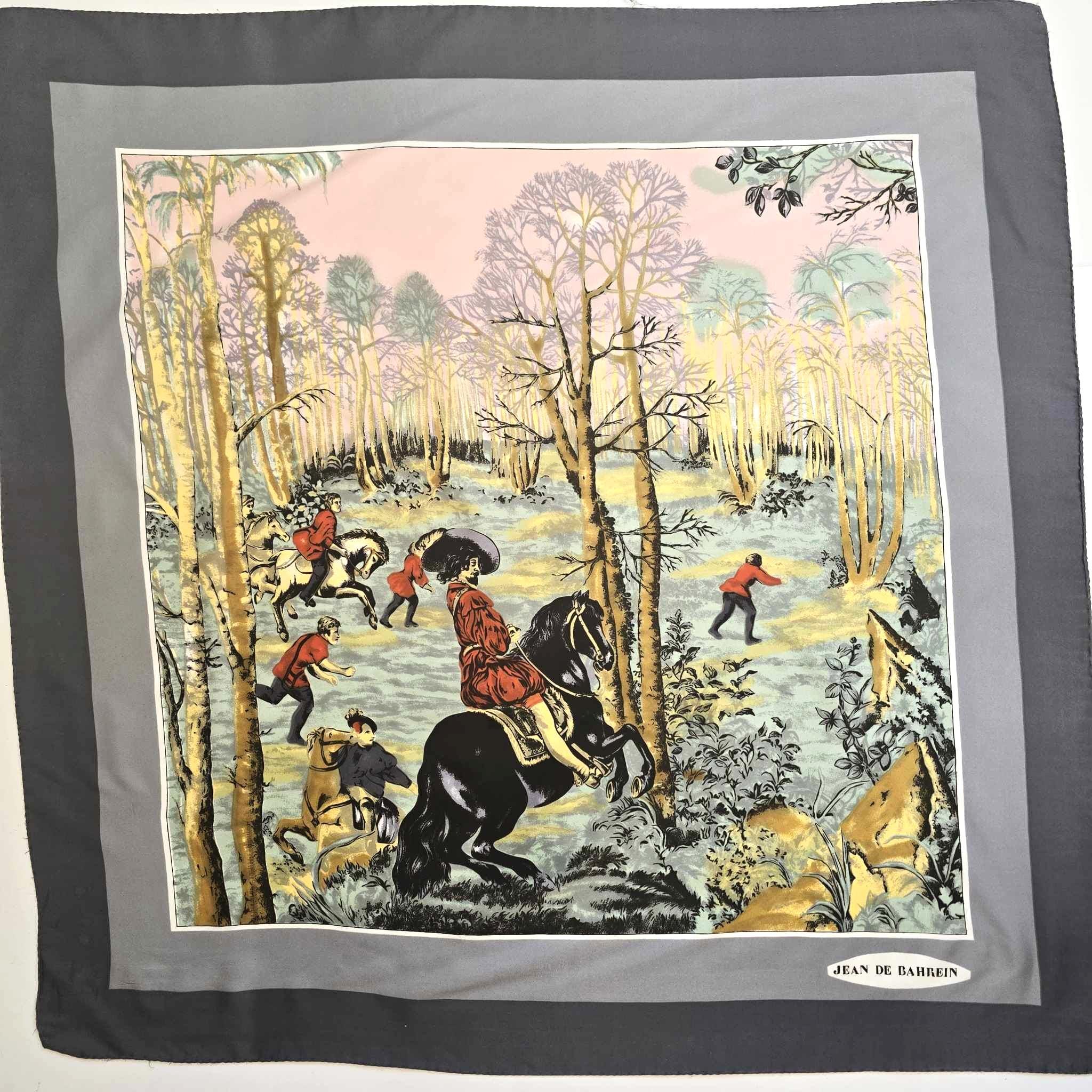 Vintage Jean de Bahrein Equestrian Design Scarf Hunting Scene Hunters in Renaissance Clothes Riding Horse Hunting Dogs in Forest Landscape