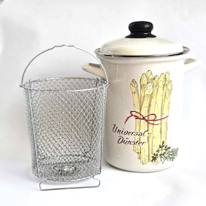 Vintage German Geithainer Enamel Cooking Pot with Steamer Basketand Lid, for Asparagus Pasta Vegetables Gas Electric Stove Compatible
