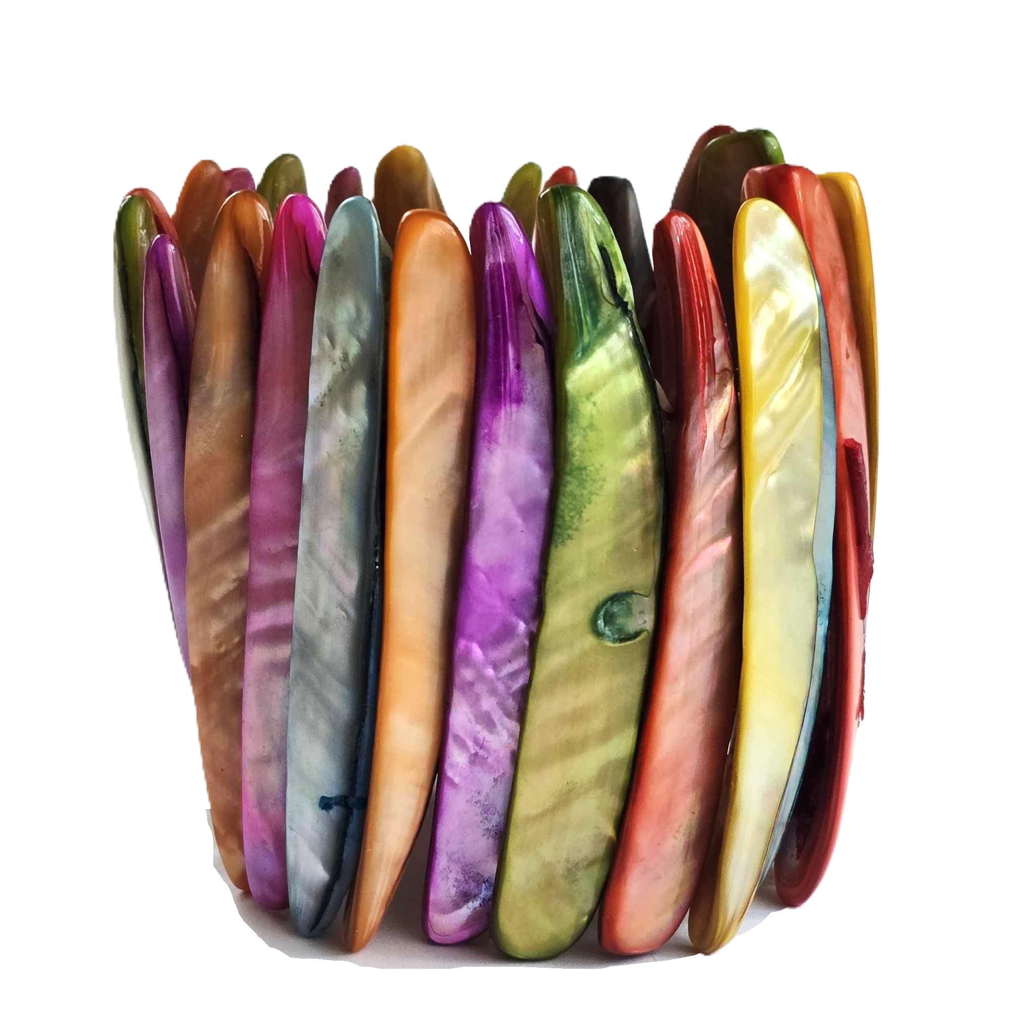 Vintage Mother Of Pearl Cuff Bracelet, Stretchy 6.5cm Wide Sea Shell Bangle, Elasticated Chunky Boho Jewelry Colorful Summer Beach Wear