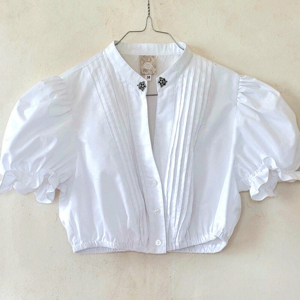 Traditional White Oktoberfest Dirndl Blouse, Trachten Crop Women Top with Puff Sleeves, German Bavarian Clothing, Size D 38 / US 8