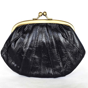 Vintage Schwarz Leder Kiss Lock Brieftasche mit Innenmünze Beutel, Retro Messing Rahmen Geldbörse Clutch mit Kartensteckplätze Arizona Futter