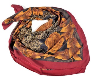 Vintage Floral Scarf, Red Burgundy Scarf, Large Square Head Scarf