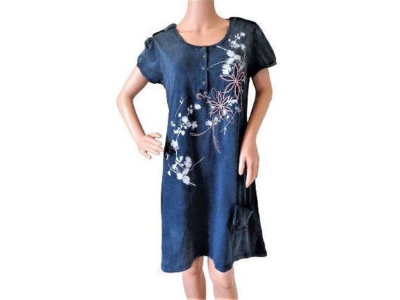 Vintage Shift Dress, Blue Cotton Jersey Dress Pocket, Short Sleeved Empire Waist Dress, Summer Party, Everyday Women's Clothing