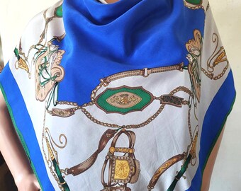 Vintage Marie Claire Silk Scarf Equestrian Horse Print Blue
