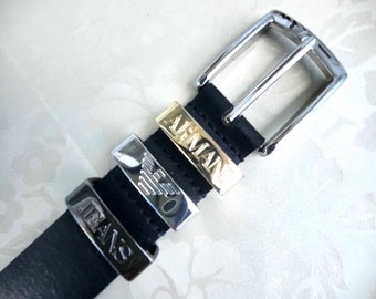 Vintage ARMANI Jeans Belt, Black Leather, Silver Logo Buckle
