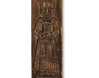 Vintage Wooden Cookie Mold Woman, Hand Carved Springerle Board, Folk Art Kitchen Decor, Speculaas Mould Wall Hanging