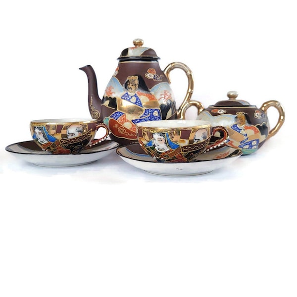 Set da tè giapponese Moriage Set da tè e caffè con guscio d'uovo e geisha litofania, dipinto a mano, teiera in porcellana Satsuma, zuccheriera, tazza da tè, piattini, Giappone