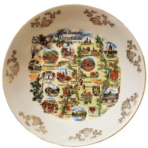 Plato de recuerdo con mapa de vinos vintage, monumento de viñedo alemán, Bareuther, Waldsassen, Baviera, plato hondo de porcelana con borde dorado, regalo