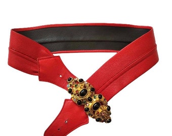 Red Leather Belt with Removable Buckle with Rhinestones, High Wide Waist Women Belt Vintage 1990s