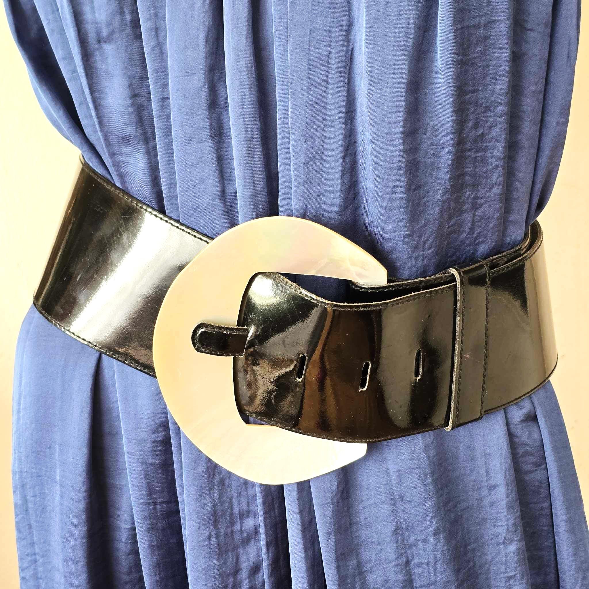 Vintage Wide Black Patent Leather Belt for Women Extra Large 