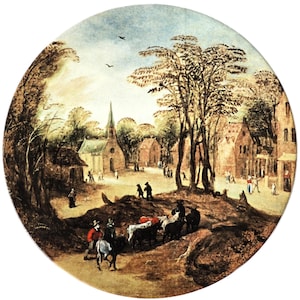 May include: A circular painting depicts a rural village scene with a church, houses, and figures. The artwork features a muted color palette with brown, green, and blue tones. Trees frame the village, and figures are walking on a path.