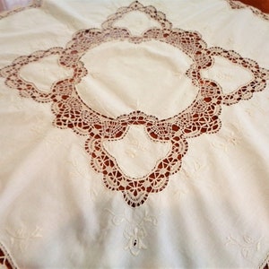 Cut Work Embroidered Tablecloth, Square Crochet Table Cloth, Off White Lace Table Cover, Vintage