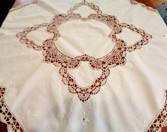 ヴィンテージホワイトカットワーククロシェレーステーブルクロス