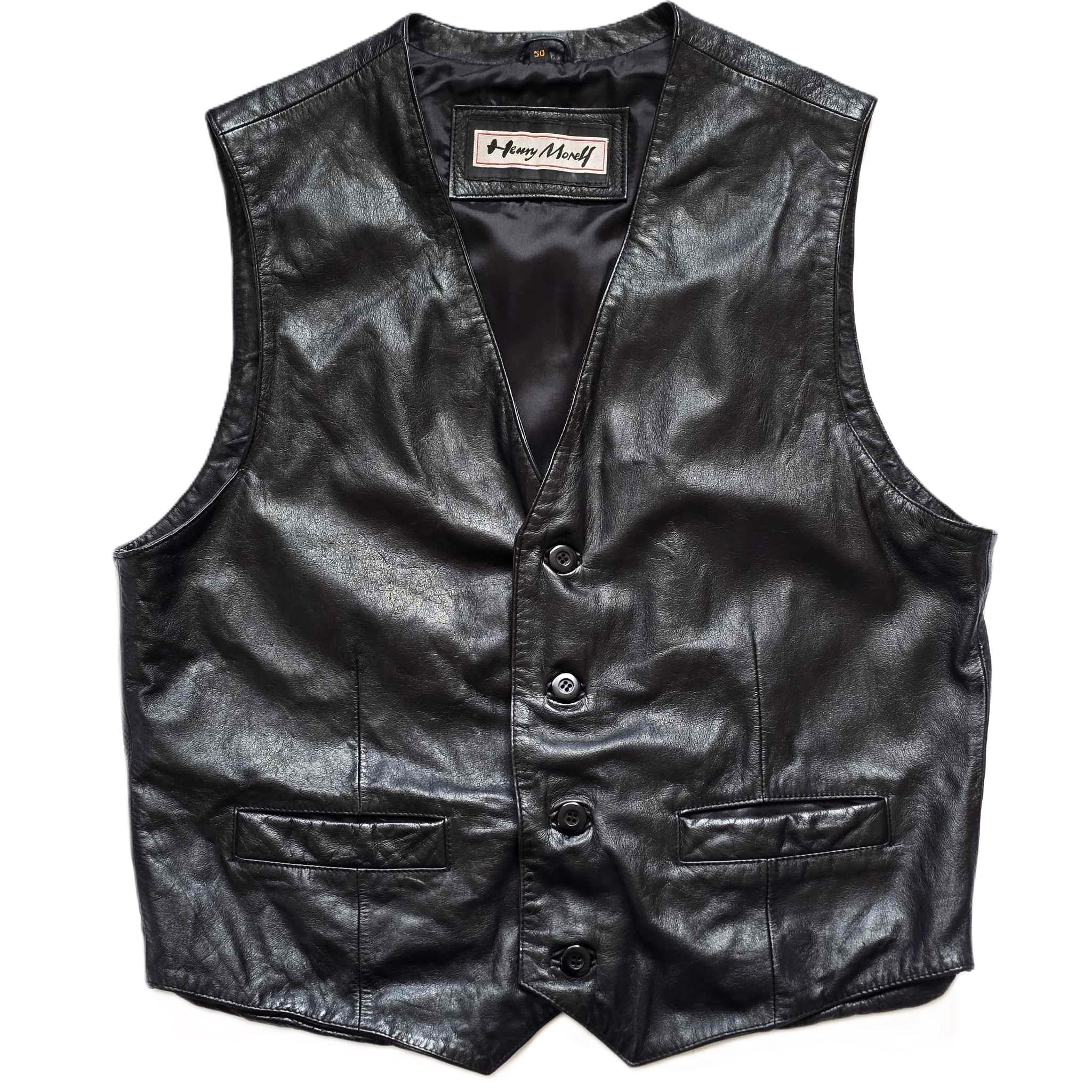 Henry Morell Vintage Men Black Leather Vest Size XL/50 Genuine