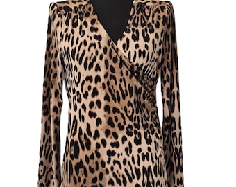 Vintage 90s Anne Klein Leopard Print Blouse Top Stretchy Wrap Style with Pleated Details around Waist and Shoulders Long Sleeves, Size M