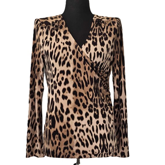 Vintage 90s Anne Klein Leopard Print Blouse Top Stretchy Wrap