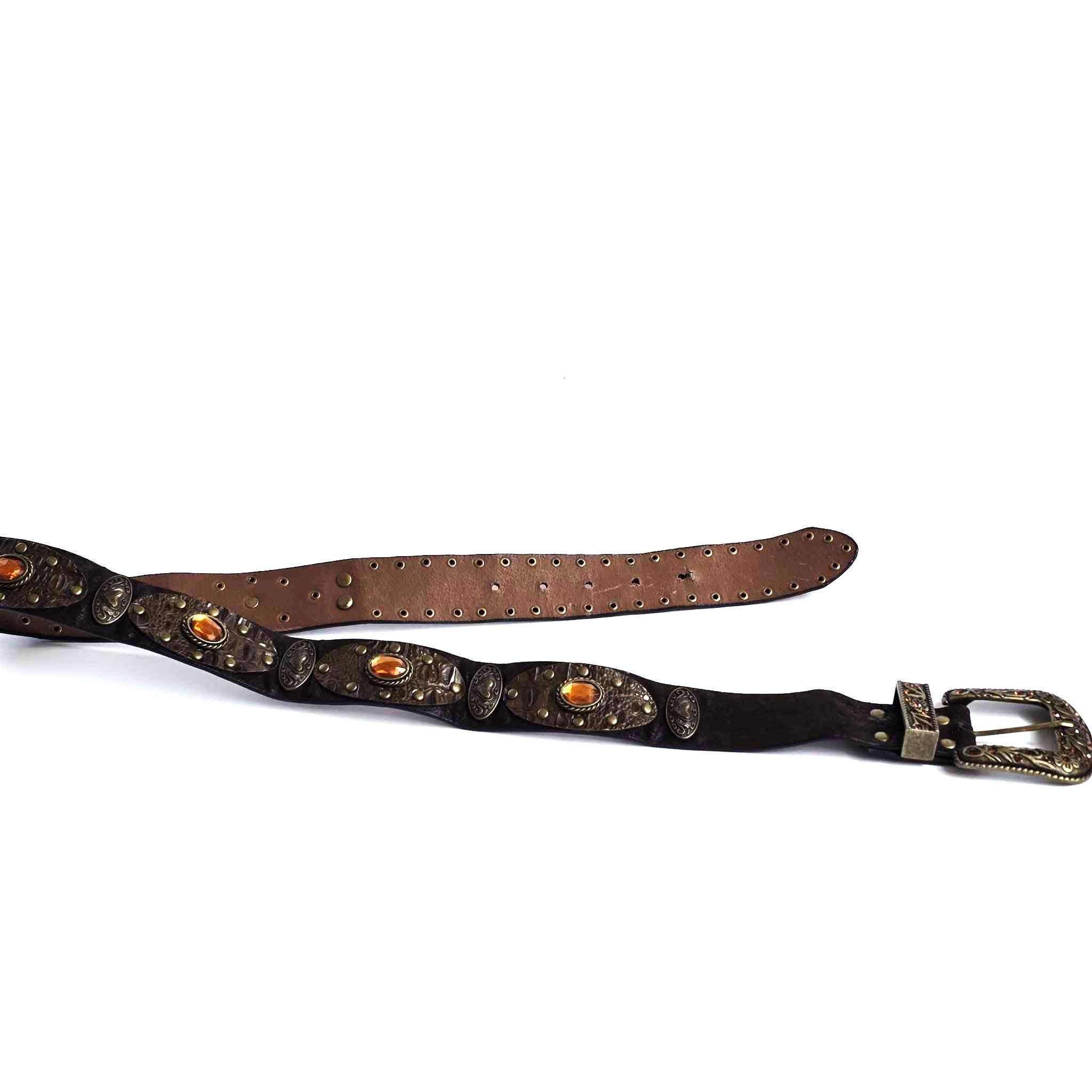 Ceinture Femme Cuir Véritable Marron Style Western - Strass, Fers à Cheval Et Clous Laiton