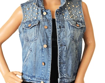 Chaleco vaquero azul para mujer, estilo steampunk, con tachuelas, estilo vintage, talla M