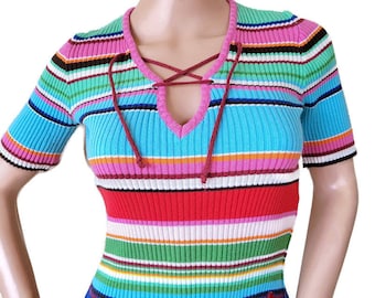 Miss SIXTY Multicolor Striped Women Top Short Sleeve Summer Blouse Y2K Rainbow Tie V Neck, Slim Fit Shirt Spring 1990s Casual Everyday Wear