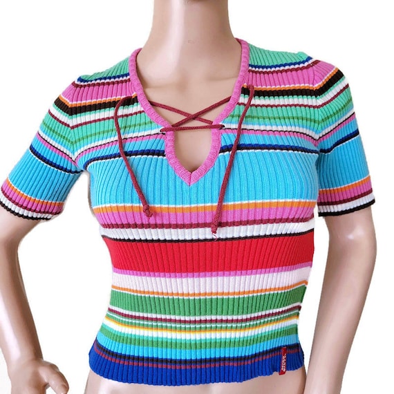 Miss SIXTY Multicolor Striped Women Top Short Sleeve Summer Blouse