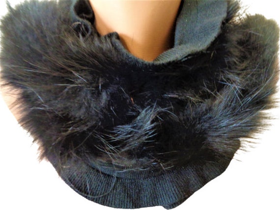 Knit Fur Scarf, Real Fox Fur Black Knitted Scarf,… - image 4