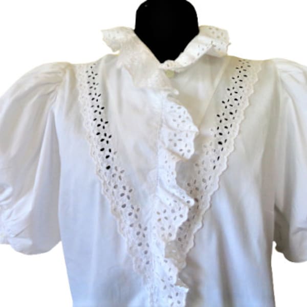 vintage White Lace Blouse Taille XXL Plus Taille Autrichien Dirndl Folk Blouse Puff Sleeves Frills Ruffle Shirt Top Victorien Edwardian Clothing