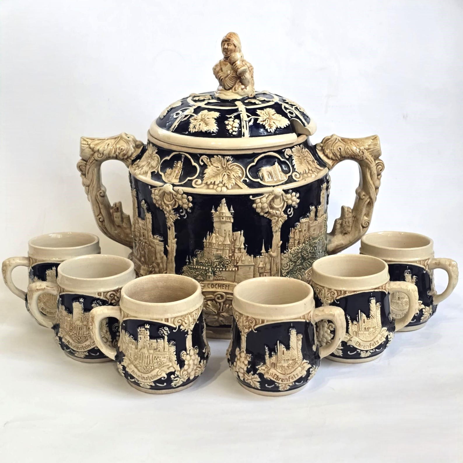 German Punch Bowl Set With 6 Cups, Blue Salt Glazed, Stoneware Crock ...