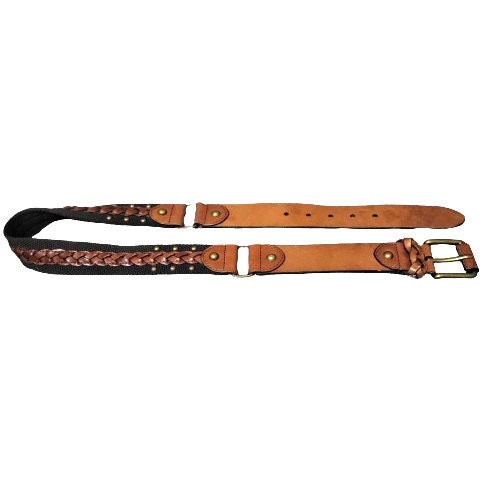Brown Leather Canvas Studded Brass Rings Concho Belt  display picture 3